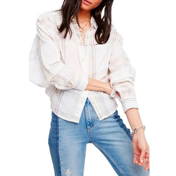 FREE PEOPLE Cutie Ivory Plaid Batwing Button Front Shirt Sz S - Picture 1 of 10